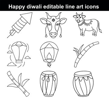 Diwali Festival Line Art Vector Pack Decorative Icons of Lamps Torans Fireworks Rangoli Patterns Gifts Flowers and Traditional Indian Symbols for Celebration Design