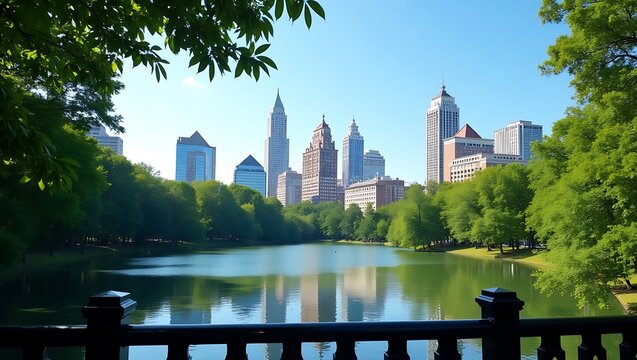 Atlanta city skyline view from piedmont park lake on a sunny day perfect for travel and tourism