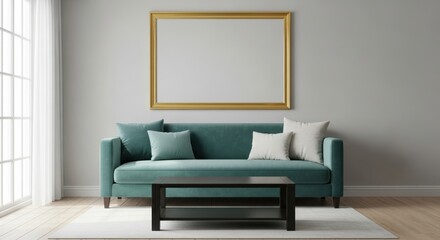 Fototapeta premium Modern living room sofa design with elegant gold frame above and minimalist coffee table