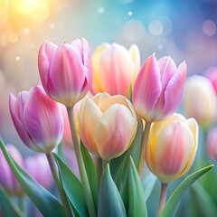 Fototapeta premium A vibrant bouquet of pink and yellow tulips in a dreamy background