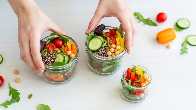 Hands placing colorful fresh salad into glass jars, minimalist flat lay, healthy diet meal prep with vegetables and clean background. - Powered by Adobe