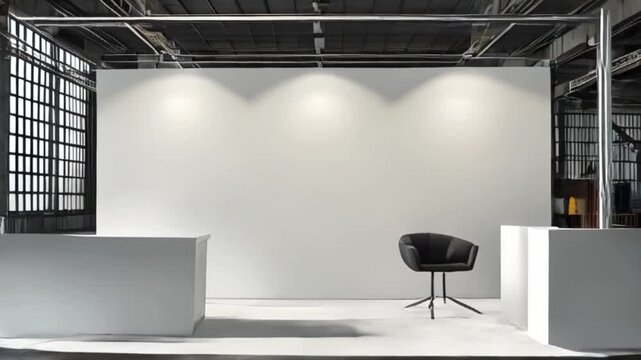 Blank Trade Show Booth Mockup in Industrial Warehouse Setting for Event Presentation Design 3D Render, an empty exhibition stand in a modern industrial setting, created with generative ai