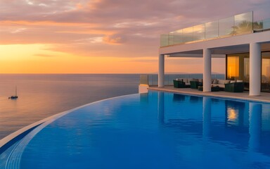 Fototapeta premium Infinity pool overlooking ocean at sunset with modern villa