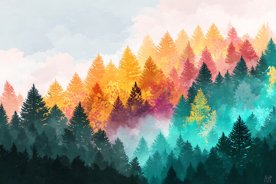 Watercolor autumn mountain forest with orange yellow trees, snowy pine winter forest, pastel spring blossoms, and futuristic neon glowing forest for seasonal wall art, laptop wallpapers, Instagram and