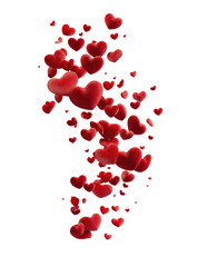 Red hearts float in a vertical cluster against a black background