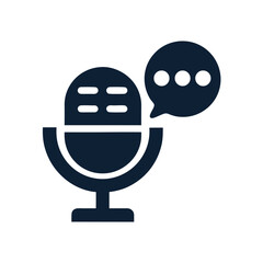 Dark blue microphone icon with speech bubble on white background talk audio