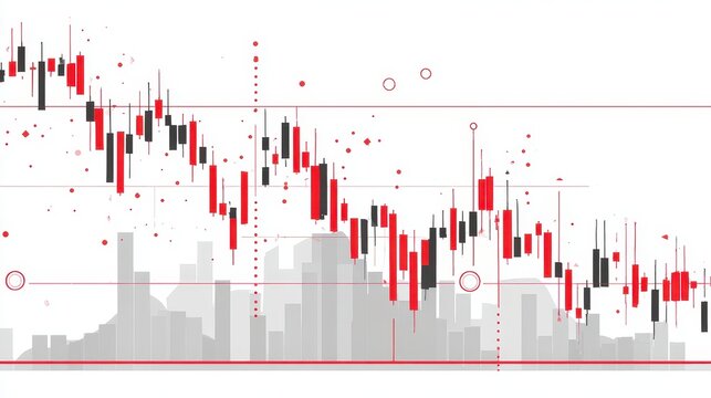 A falling stock chart clipart, economic crisis element, minimalist flat design, red and gray, isolated on white background.