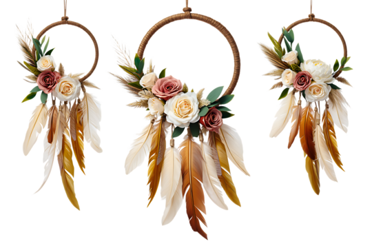 Boho dreamcatcher decoration with feathers and flowers isolated on transparent background - Powered by Adobe
