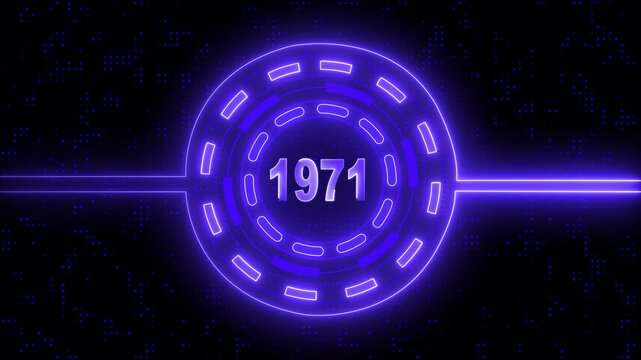 1972 text with screen effects of technological failures. Concept of counting years. 4k animation video.