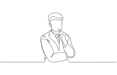 Businessman thinking, with his finger on his chin, single line draw design vector graphic illustration. Hand drawn one line vector, Editable stroke.