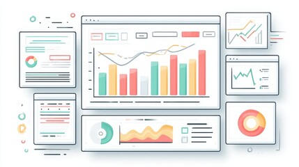 A financial dashboard chart clipart, business analysis element, clean line art, muted palette, isolated on white background.