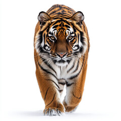 Obraz premium Tiger walking across a white background.