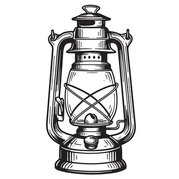 Classic vintage oil lamp illustration detailed engraved black and white style design
