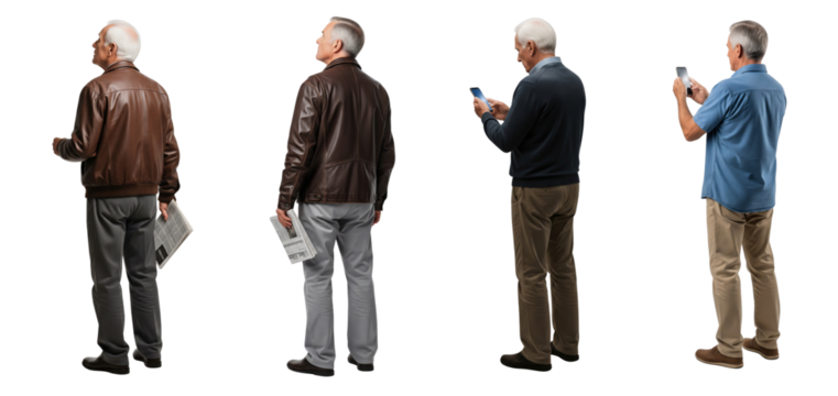 Old men standing and looking something, using smart phone isolated on white or transparent background