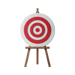 A round target, painted red and white, sits on a simple wooden easel.  The target's bullseye is a small, solid red circle