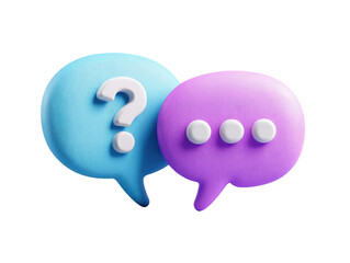 Two 3D speech bubbles, one light blue with a question mark, the other light purple with three ellipses, suggesting a question and answer or dialogue