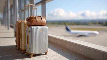 Ready for Departure: A row of stylish luggage, including rolling suitcases and a chic travel bag, stands ready for an exciting journey, with a blurred airplane in the background.