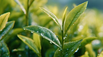 Tea Leaves After Rain: A close-up shot showcases the delicate beauty of tea leaves, glistening with raindrops, creating a fresh and serene image.