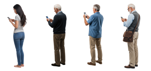 Group of people standing and using smart phone isolated on white or transparent background