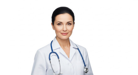 Confident Female Doctor in White Coat with Stethoscope, Isolated on White Background