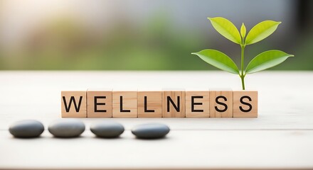 Wooden blocks spell wellness next to smooth stones and a growing plant