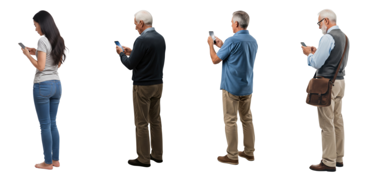 Group of people standing and using smart phone isolated on white or transparent background