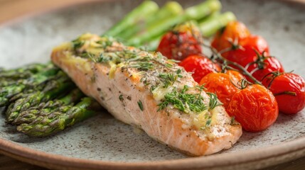 Grilled Salmon Dish: Delightful close-up of grilled salmon fillet, asparagus, and vibrant cherry tomatoes on a plate, offering a tantalizing glimpse into the realm of culinary artistry.