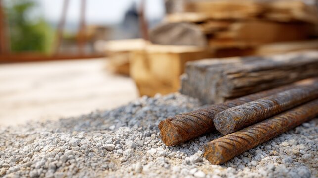 Building Materials: A close-up captures the raw essence of construction with textured gravel, robust rebar, and weathered wooden planks, evoking the essence of industry and progress.