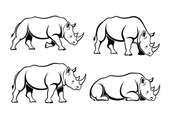Four rhinoceros illustrations depicting various poses in a graphic design style artwork piece