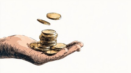 A hand holding coins clipart, finance concept element, vector illustration, warm tones, isolated on white background.