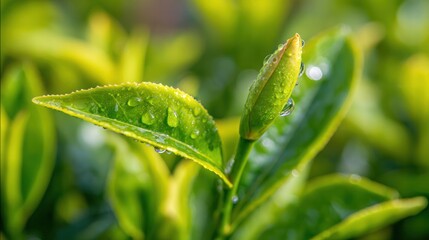 Dew-Kissed Tea Leaf: A close-up of vibrant green tea leaves, adorned with glistening dewdrops, epitomizing freshness and vitality. The image captures the essence of natural beauty and organic growth.