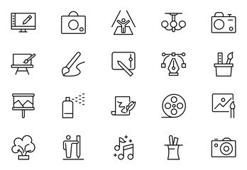 Fototapeta premium Art and culture line icon set. Creativity, sculpture, architecture, museum, theater, gallery and painting. Thin outline icons pack. Vector illustration. editable stroke