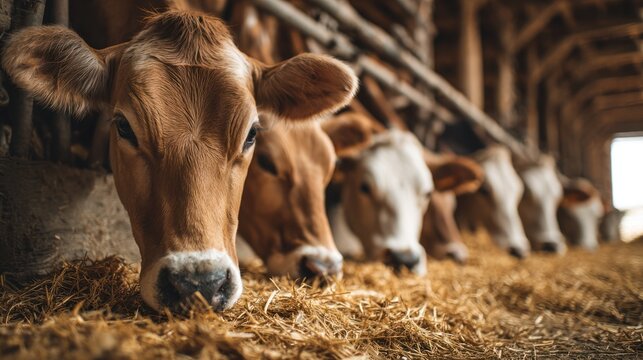Cattle Grazing in Barn: Cattle graze peacefully in a barn, their gentle eyes and relaxed postures. The scene evokes a sense of rural serenity and the harmony between animals and their environment.