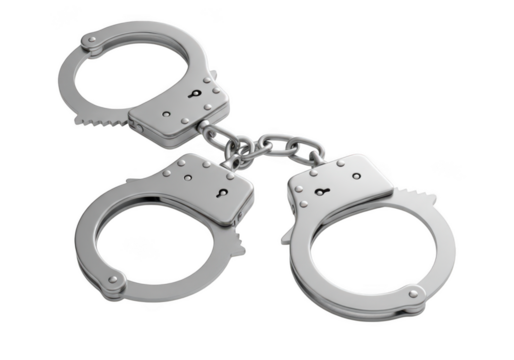 A shiny pair of metal handcuffs used by law enforcement to restrain criminals isolated on transparent background