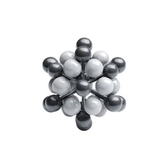 Abstract, symmetrical, 3D structure composed of interconnected,  light and dark gray spheres, forming a cubic lattice