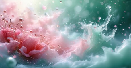Fototapeta premium Floral abstract, soft colors blend. Water splashes, delicate petals, dreamy atmosphere. Light creates ethereal beauty.