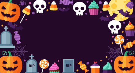 Colorful Halloween background with pumpkins, skulls, candies, cupcakes, bats, cobwebs, and tombstones. Fun festive design perfect for party invitations, posters, and seasonal decorations