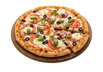 Delicious pizza with fresh tomatoes, mozzarella, basil, and olives isolated on transparent background