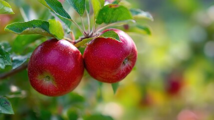 Juicy Duo: Two ripe, ruby-red apples hang gracefully on a tree branch, radiating freshness. The vivid detail of each apple.