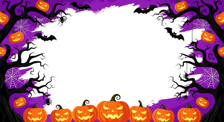 Halloween background with glowing jack-o’-lantern pumpkins, haunted trees, cobwebs, spiders, and flying bats on a spooky purple backdrop. Perfect design for party invites and posters