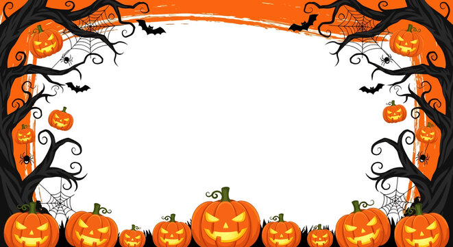 Halloween background with glowing jack-o’-lantern pumpkins, haunted trees, cobwebs, spiders, and flying bats on a spooky purple backdrop. Perfect design for party invites and posters