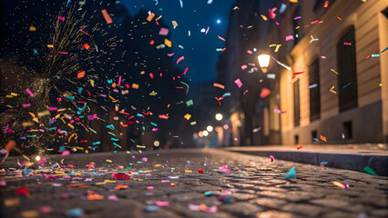 Colorful confetti and glitter falling on cobblestone street at night with bokeh lights full hd 4k stock image download