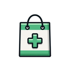 Obraz premium A simple, stylized shopping bag with a medical plus symbol. The bag is light teal/green with a white interior. The handles are dark gray