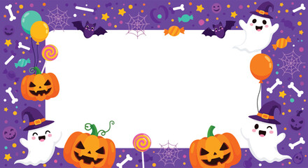 Cute Halloween frame background with pumpkins, ghosts, bats, balloons, candy, spider webs, and stars on purple border. Perfect festive template for party invitation or greeting card