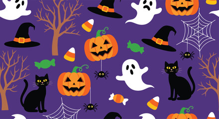 Colorful seamless Halloween pattern with pumpkins, witch hats, cauldrons, skulls, candy, bats, crosses, and tombstones. Perfect spooky background for party, decorations, and festive design