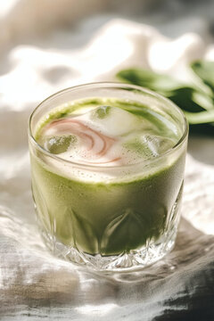 Sparkling rhubarb matcha elixir in crystal glass