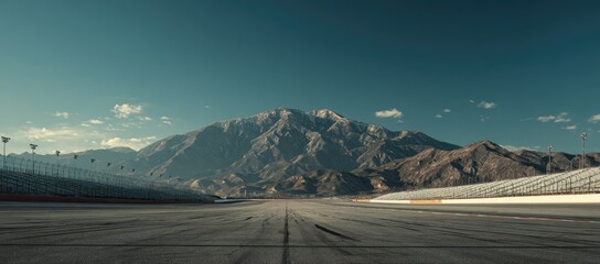 Empty race track stretching towards a mountain range under a clear sky