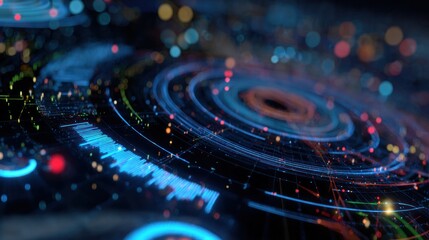 Technological Visualization: An immersive image of data streams and information overlays in a vibrant display, conjuring visions of future technology and complex scientific processes. 