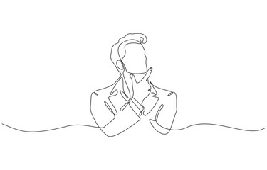 Continuous one line drawing of businessman thinking with put his finger in the chin, Man pose thinking in single line draw illustration on transparent background.