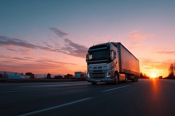 Obraz premium Heavy truck on highway at sunrise